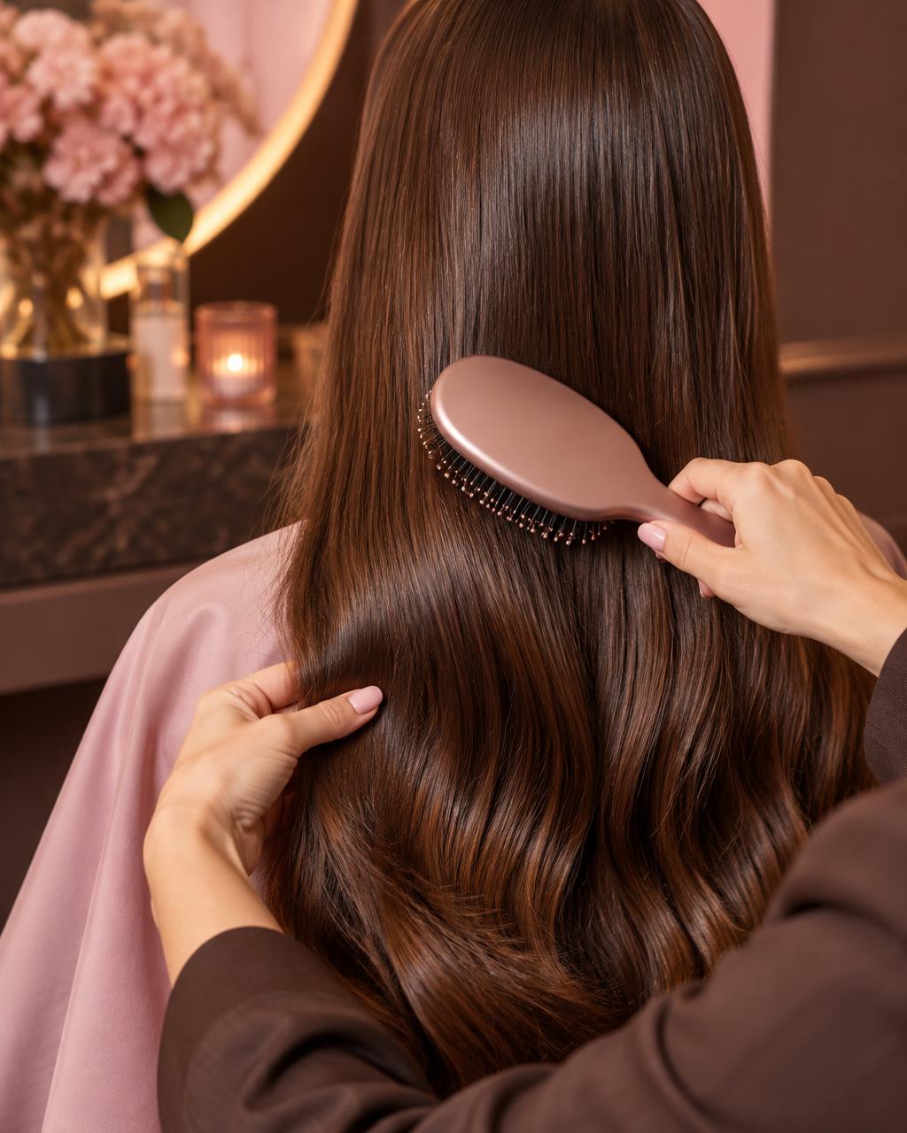 Mãos a escovar cabelo comprido castanho